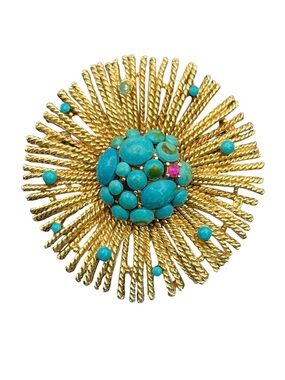 CAPRI Mid-Century SPACE AGE Pin Brooch Modernist ATOMIC gold blue & pink vintage